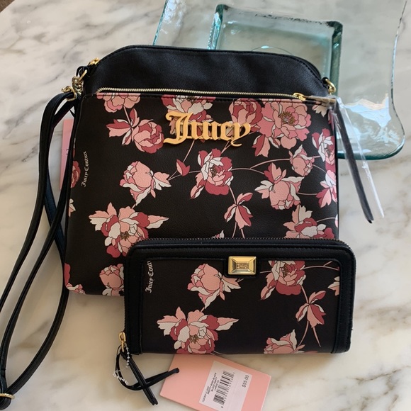Juicy Couture matching rose black floral crossbody and matching wallet. - Picture 2 of 11